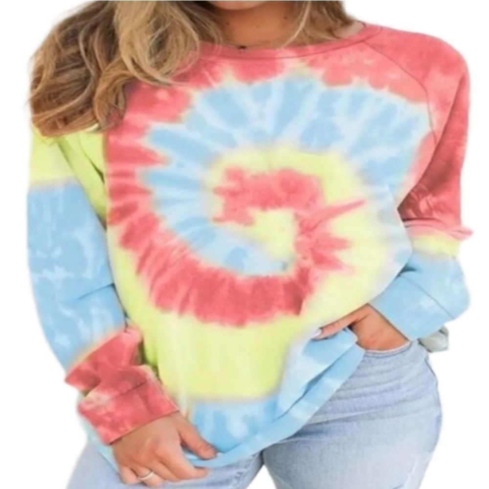 Women's Loose Tie Dye Top, Long Sleeve Crew Neck Sz Large